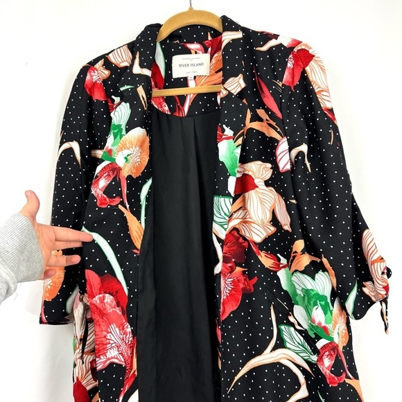 River Island Women’s US Sz 12 Black Floral Spot Longline Blazer Top Open Front - Picture 4 of 13